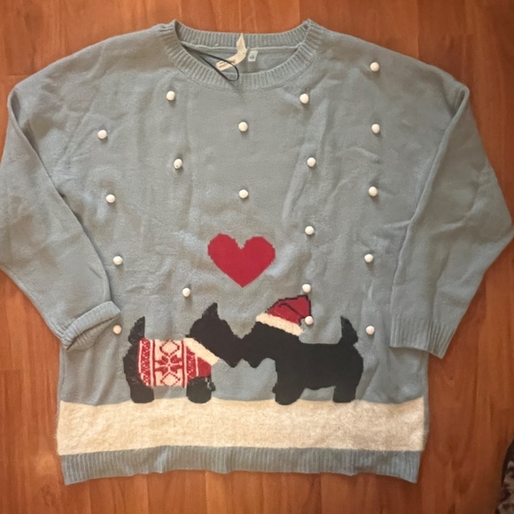 Ugly Christmas  Sweater  Collection Woman 1X Plus Scotty Dogs Blue snow pomp pom - Picture 1 of 13
